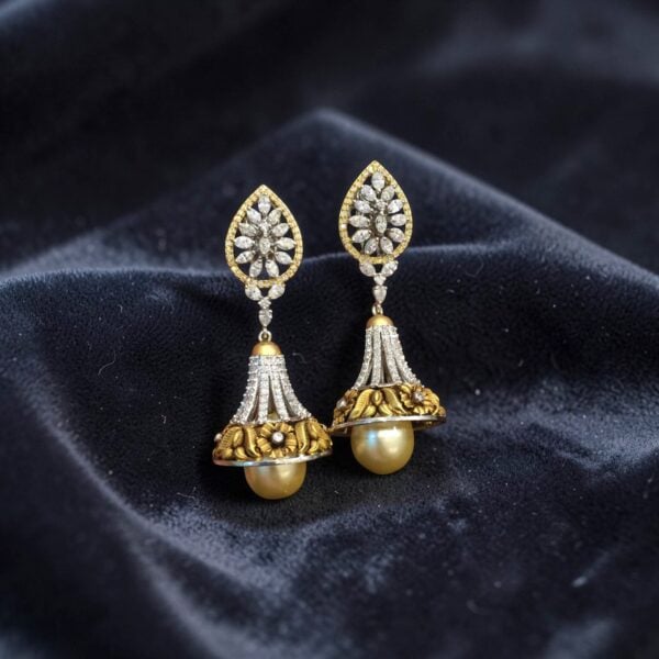 Pave 39.48 Cts Round Brilliant F/VS1 Diamonds Pearl Dangle Earrings In 14K Gold