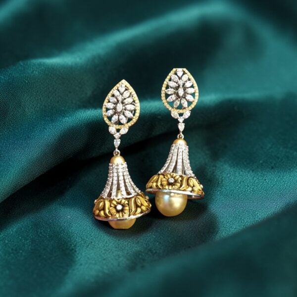 Pave 39.48 Cts Round Brilliant F/VS1 Diamonds Pearl Dangle Earrings In 14K Gold