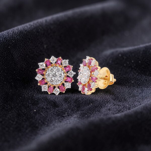 E-230 (5) Pave 2.70 Cts Round Brilliant F/VS1 Diamonds Ruby Stud Earrings 14K Yellow Gold
