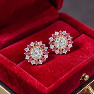 E-230 (6) Pave 2.70 Cts Round Brilliant F/VS1 Diamonds Ruby Stud Earrings 14K Yellow Gold