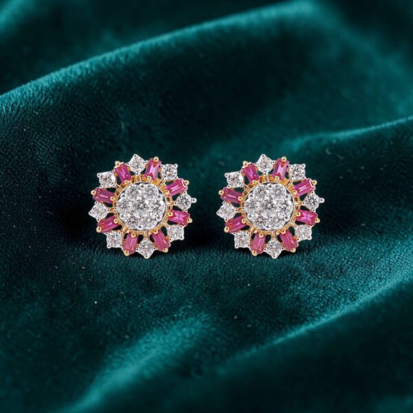 E-230 (7) Pave 2.70 Cts Round Brilliant F/VS1 Diamonds Ruby Stud Earrings 14K Yellow Gold