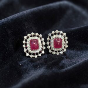 17.30 Cts Round Brilliant Cut Diamonds Ruby Stud Earrings 14K White Gold