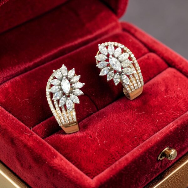 E-235 (13) Pave 2.65 Cts Marquise Round Shape Diamonds Half Hoop Stud Earrings In 14K Gold