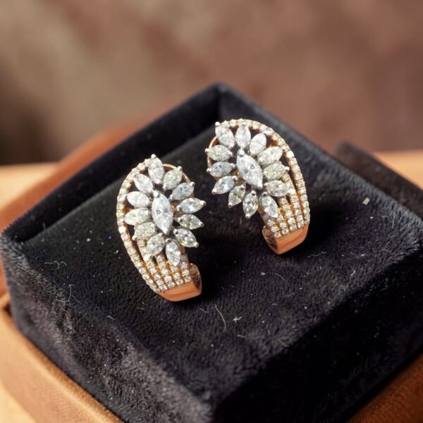 E-235 (15) Pave 2.65 Cts Marquise Round Shape Diamonds Half Hoop Stud Earrings In 14K Gold