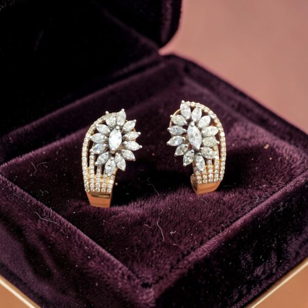 E-235 (16) Pave 2.65 Cts Marquise Round Shape Diamonds Half Hoop Stud Earrings In 14K Gold