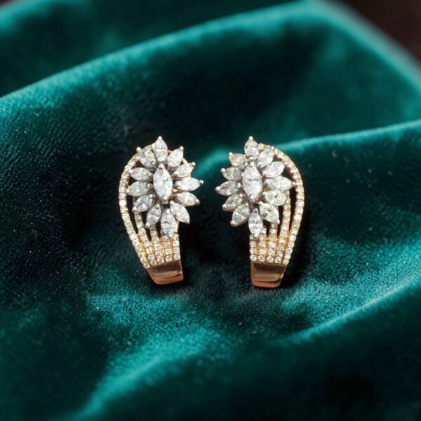E-235 (17) Pave 2.65 Cts Marquise Round Shape Diamonds Half Hoop Stud Earrings In 14K Gold