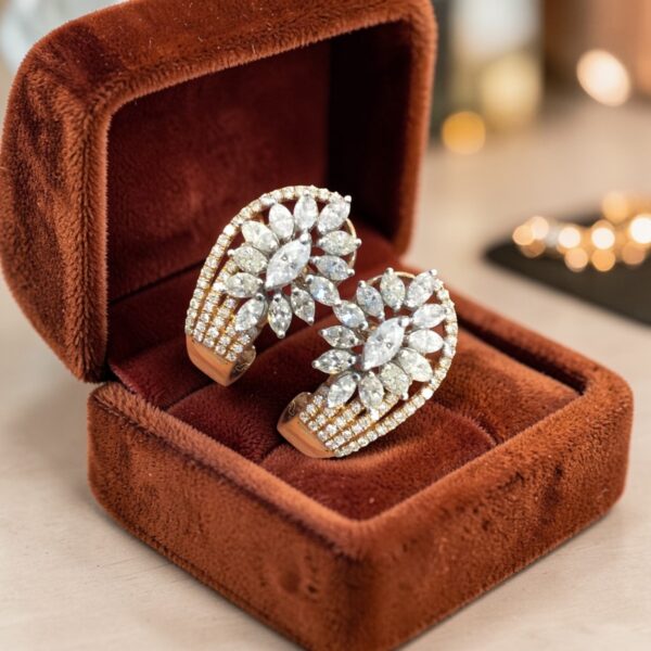 E-235 (20) Pave 2.65 Cts Marquise Round Shape Diamonds Half Hoop Stud Earrings In 14K Gold