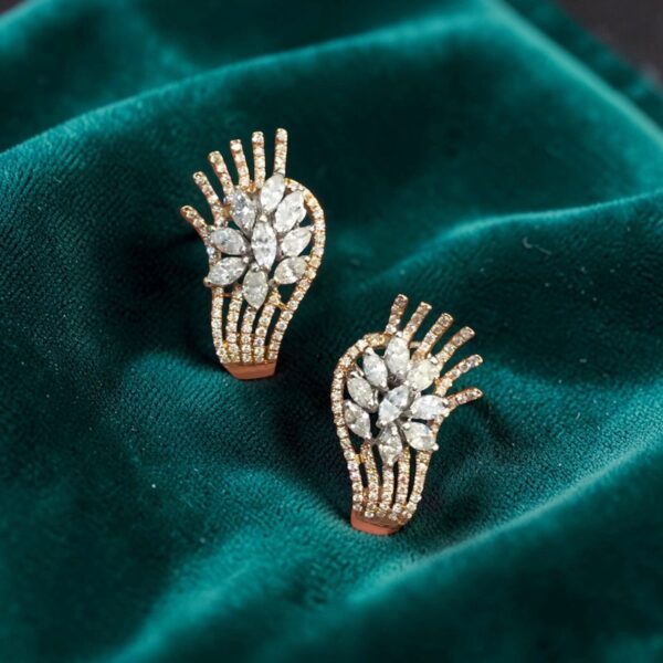 Classy 1.82 Cts Marquise Round Shape Diamonds Half Hoop Stud Earrings 14K Gold