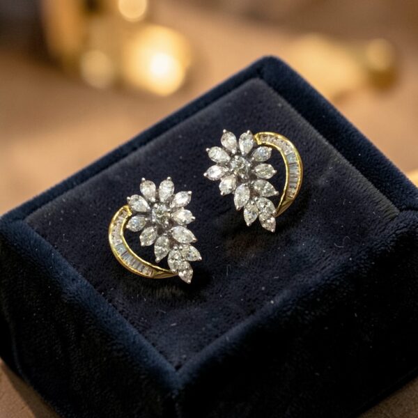 E-237 (18) Pave 2.28 Carats Round Marquise Pear Baguette Diamonds Stud Earrings 14K Gold