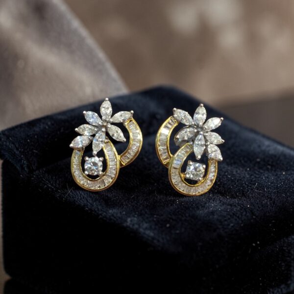 E-239 (13) Pave 2.26 Cts Marquise Round Baguette Shape Diamonds Stud Earrings In 14K Gold
