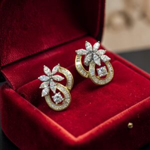 Pave 2.26 Cts Marquise Round Baguette Shape Diamonds Stud Earrings In 14K Gold