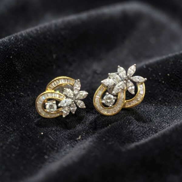 E-239 (18) Pave 2.26 Cts Marquise Round Baguette Shape Diamonds Stud Earrings In 14K Gold