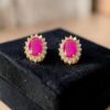 Pave 1.50 Cts Round Brilliant F/VS1 Diamonds Ruby Stud Earrings 18K Yellow Gold