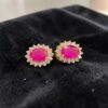 Pave 1.50 Cts Round Brilliant F/VS1 Diamonds Ruby Stud Earrings 18K Yellow Gold
