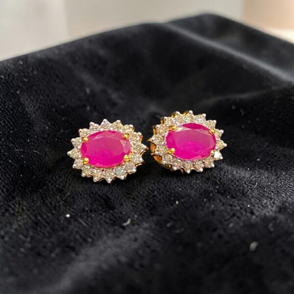 Pave 1.50 Cts Round Brilliant F/VS1 Diamonds Ruby Stud Earrings 18K Yellow Gold