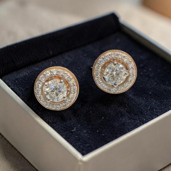 E-254 (18) GIA Certified 2.10 Cts Round Brilliant F/VS1 Diamonds Stud Earrings In 14K Gold