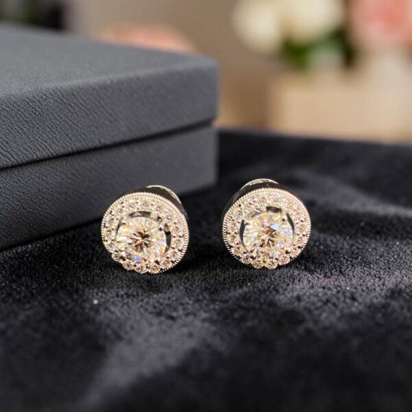 E-254-W (28) GIA Certified 2 Cts Round Brilliant F/VS1 Diamonds Halo Stud Earrings 18K Gold