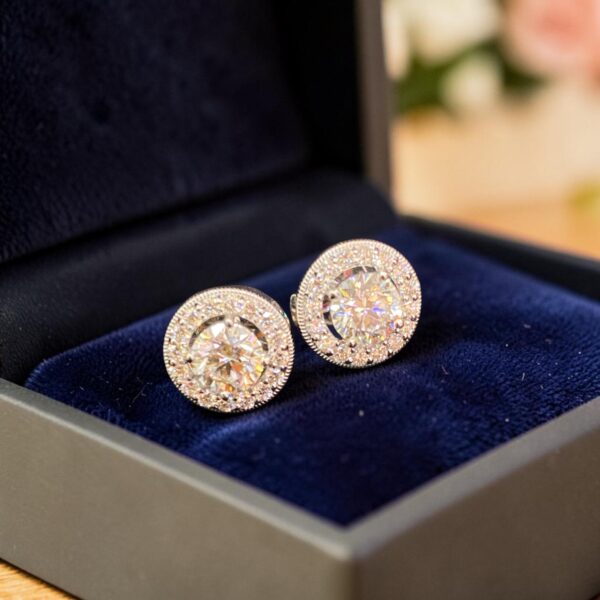 E-254-W (29) GIA Certified 2 Cts Round Brilliant F/VS1 Diamonds Halo Stud Earrings 18K Gold