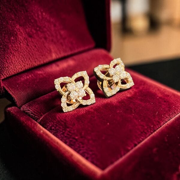 E-266 (25) Pave 0.77 Cts Round Brilliant F/VS1 Diamonds Floral Stud Earrings 14K Rose Gold