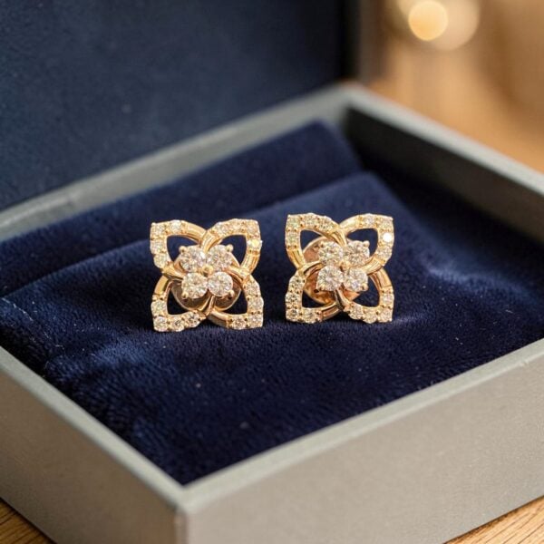 E-266 (26) Pave 0.77 Cts Round Brilliant F/VS1 Diamonds Floral Stud Earrings 14K Rose Gold