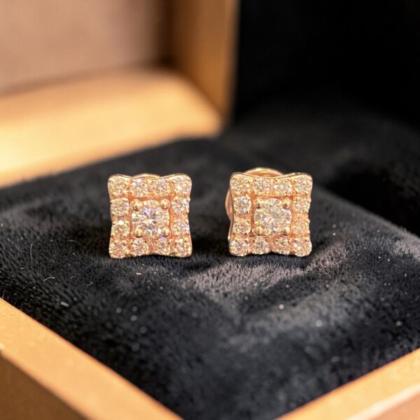 E-268 (22) Pave 0.72 Cts Round Brilliant F/VS1 Diamonds Square Halo Stud Earrings 14K Gold
