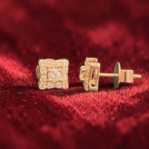 Pave 0.72 Cts Round Brilliant F/VS1 Diamonds Square Halo Stud Earrings 14K Gold
