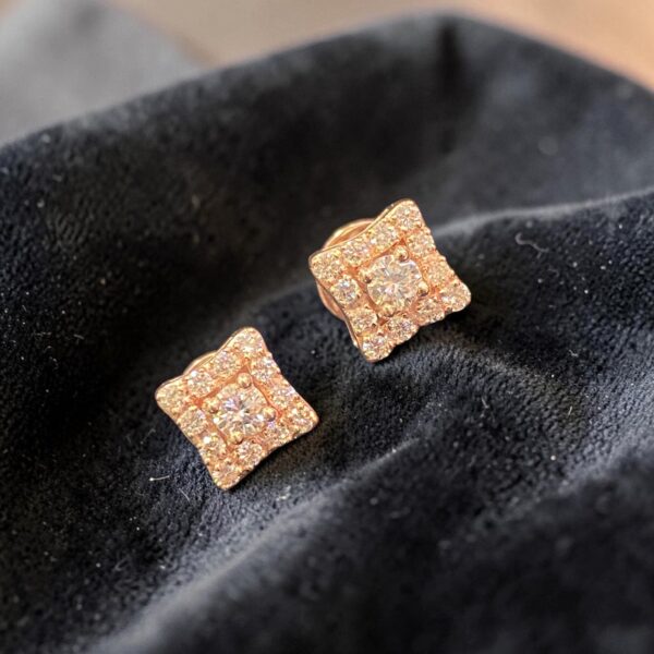 E-268 (25) Pave 0.72 Cts Round Brilliant F/VS1 Diamonds Square Halo Stud Earrings 14K Gold
