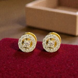 Stunning 0.25 Cts Round Brilliant F/VS1 Diamonds Halo Stud Earrings In 14K Gold