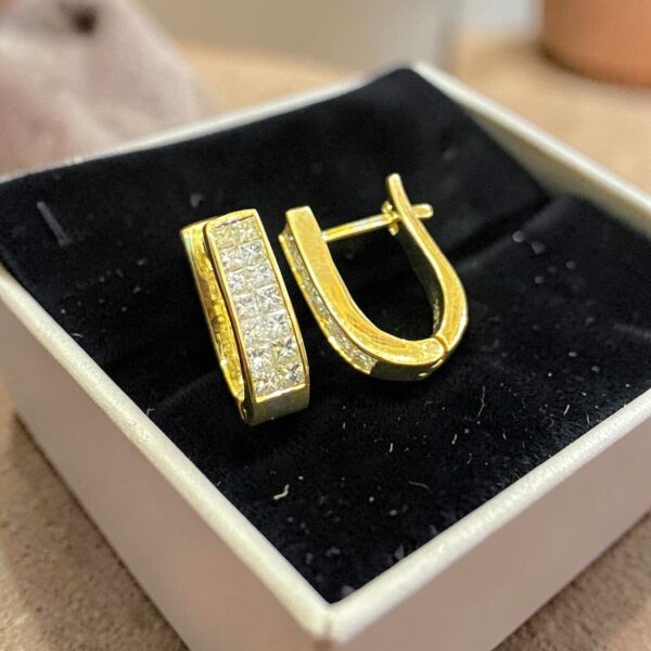 Pave 1.20 Cts Princess Shape F/VS1 Diamonds Invisible Set Hoop Earrings 18K Gold