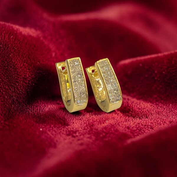 Pave 1.20 Cts Princess Shape F/VS1 Diamonds Invisible Set Hoop Earrings 18K Gold