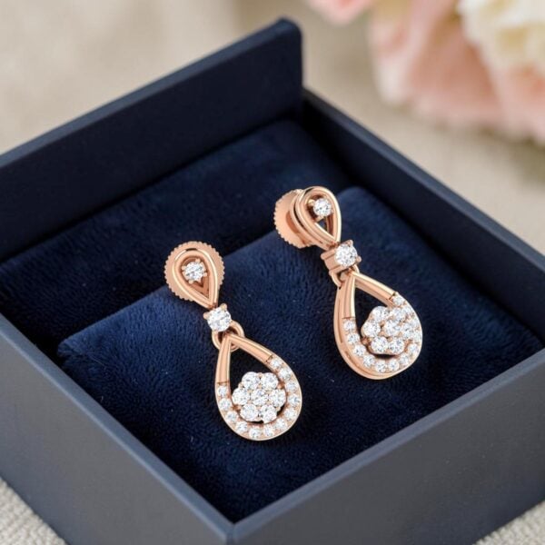 E-284 (10) Pave 0.98 Carats Round Brilliant F/VS1 Diamonds Dangle Earrings In 14K Rose Gold