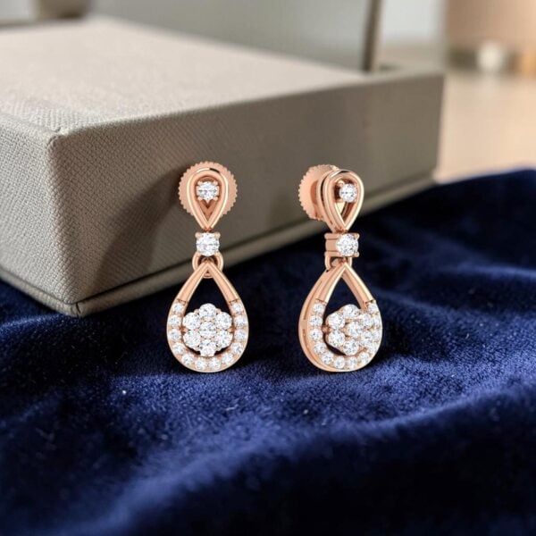 E-284 (6) Pave 0.98 Carats Round Brilliant F/VS1 Diamonds Dangle Earrings In 14K Rose Gold