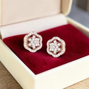 Home 10 Pave 0.90 Cts Round Brilliant F/VS1 Diamonds Halo Stud Earrings In 14K Rose Gold