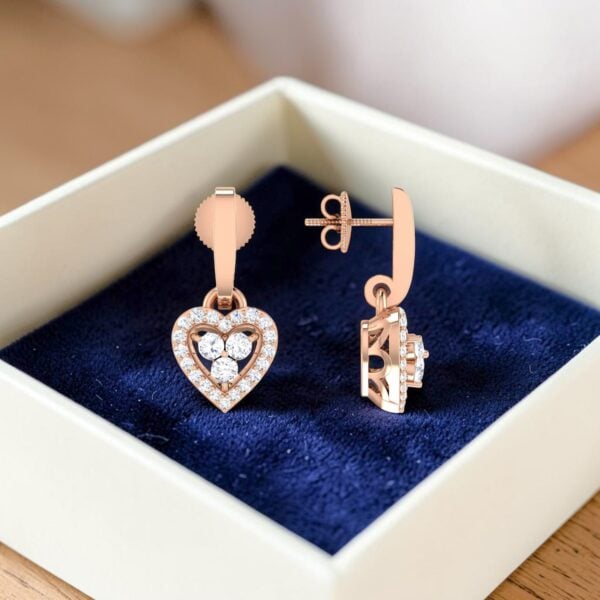 1.10 Cts Round Brilliant F/VS1 Diamonds Heart Dangle Earrings In 14K Rose Gold