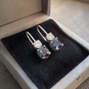 GIA Certified 9 Cts Round F/VS1 Diamonds Blue Sapphire Drop Earrings In 18K Gold