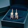 GIA Certified 9 Cts Round F/VS1 Diamonds Blue Sapphire Drop Earrings In 18K Gold