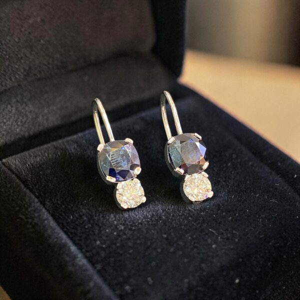 E-298 (25) 9 Carats GIA Certified Round F/VS1 Diamonds Blue Sapphire Drop Earrings 18K Gold