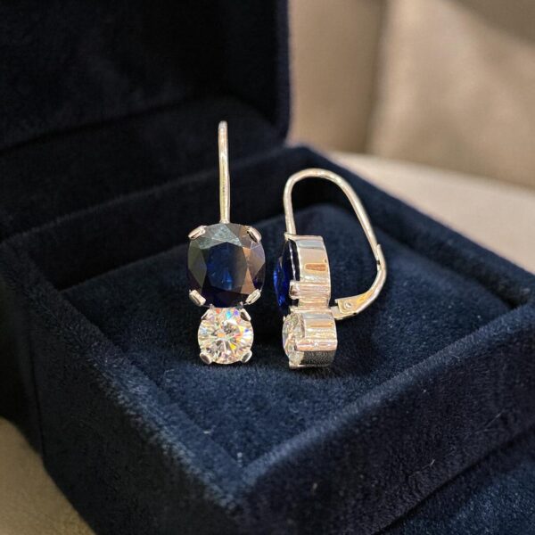 E-298 (26) 9 Carats GIA Certified Round F/VS1 Diamonds Blue Sapphire Drop Earrings 18K Gold