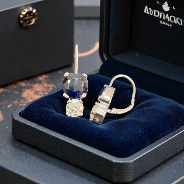 E-298 (28) 9 Carats GIA Certified Round F/VS1 Diamonds Blue Sapphire Drop Earrings 18K Gold