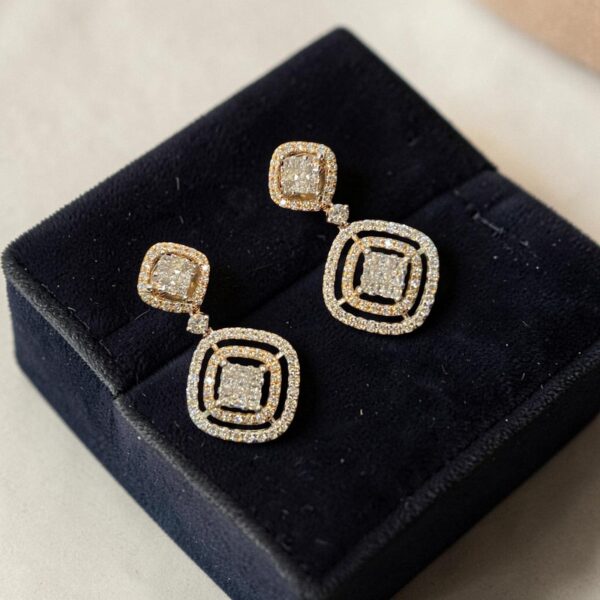 E-299 (15) Pave 2.22 Cts Round Princess Shape F/VS1 Diamonds Dangle Earrings 14K Rose Gold