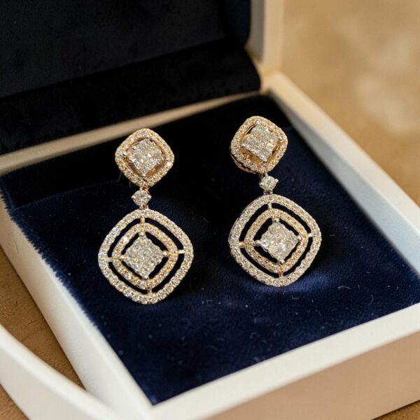 E-299 (16) Pave 2.22 Cts Round Princess Shape F/VS1 Diamonds Dangle Earrings 14K Rose Gold