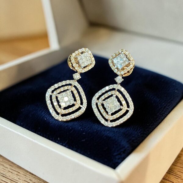 E-299 (19) Pave 2.22 Cts Round Princess Shape F/VS1 Diamonds Dangle Earrings 14K Rose Gold