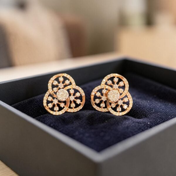 E-305 (21) Pavé 1.42 Cts Round Brilliant F/VS1 Diamonds Floral Stud Earrings 14K Rose Gold