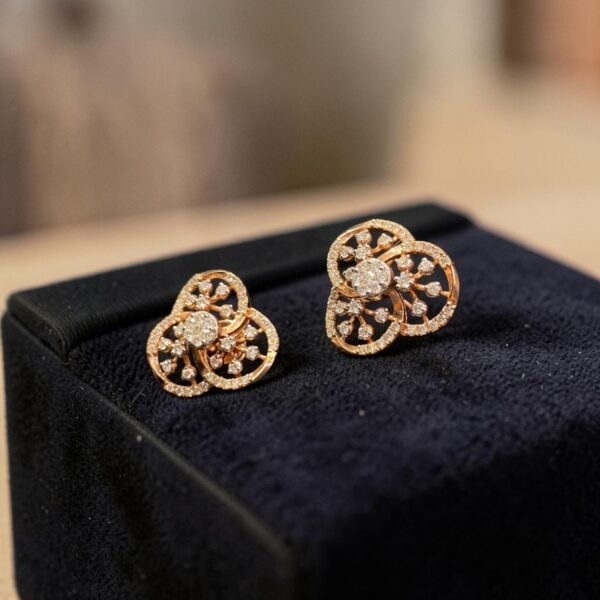 E-305 (23) Pavé 1.42 Cts Round Brilliant F/VS1 Diamonds Floral Stud Earrings 14K Rose Gold
