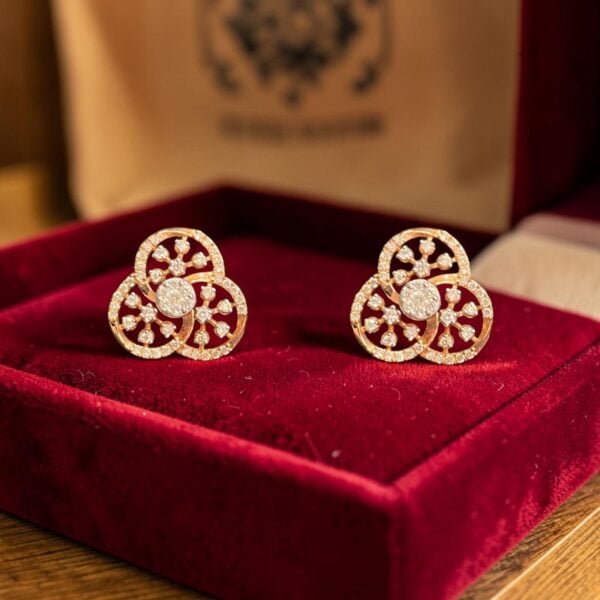 E-305 (24) Pavé 1.42 Cts Round Brilliant F/VS1 Diamonds Floral Stud Earrings 14K Rose Gold