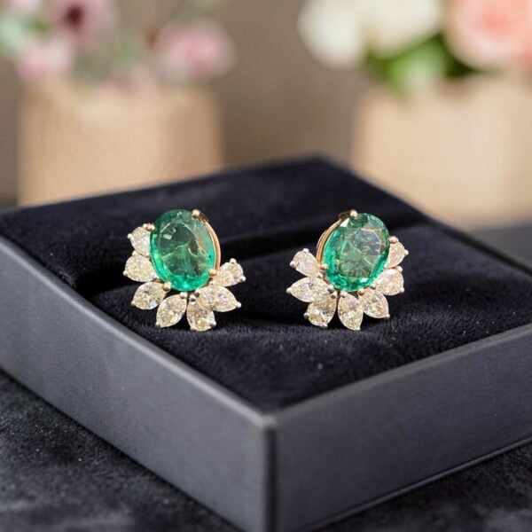 E-309 (18) Classy 2.44 Cts Pear Marquise F/VS1 Diamonds Emerald Stud Earrings 14K Rose Gold