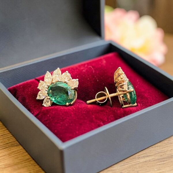 E-309 (19) Classy 2.44 Cts Pear Marquise F/VS1 Diamonds Emerald Stud Earrings 14K Rose Gold
