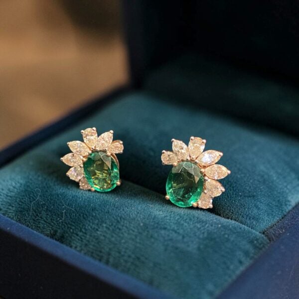 E-309 (20) Classy 2.44 Cts Pear Marquise F/VS1 Diamonds Emerald Stud Earrings 14K Rose Gold