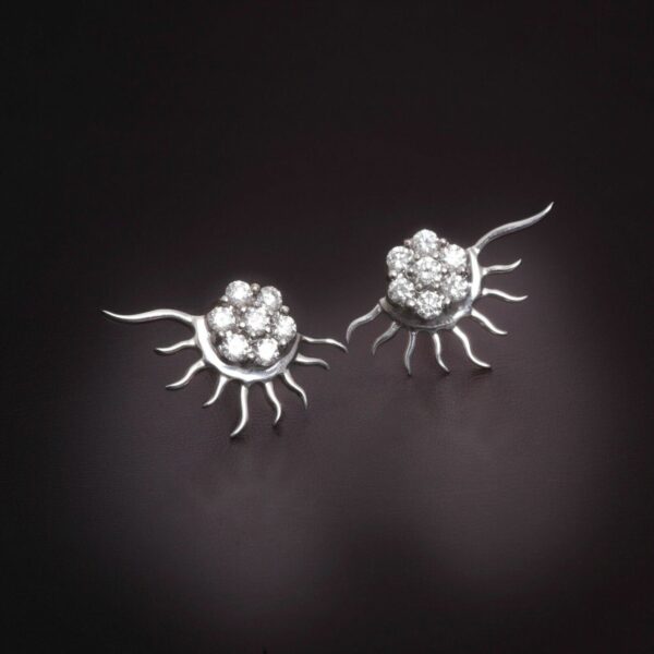 Pave 0.85 Cts Round Brilliant Cut Diamonds Sun Burst Stud Earrings In 18K Gold