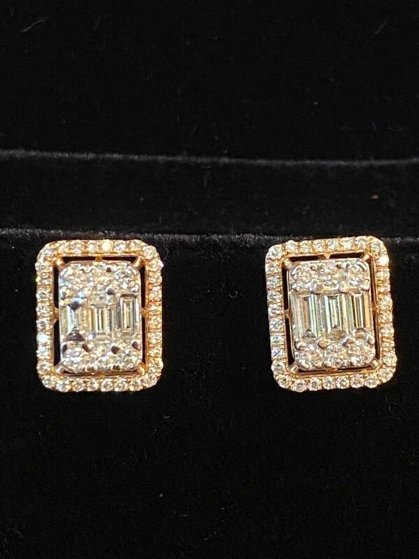 Pave 1.10 Cts Round Baguette Cut Natural Diamonds Stud Earrings In 585 14K Gold